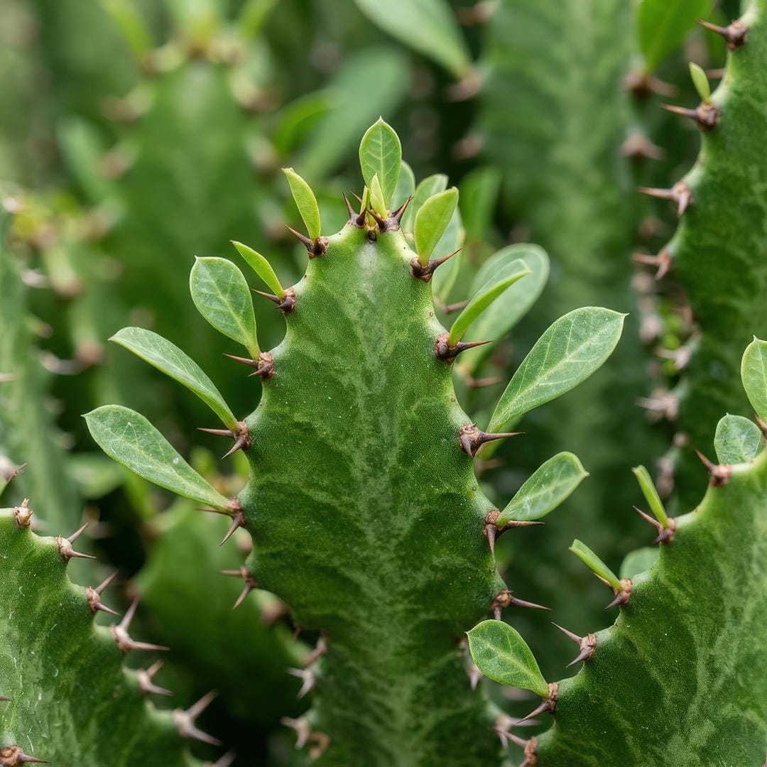Close-up macro photograph of African Milk Tree stems showing the distinctive triangular three-sided profile with paired thorns along the ridges and small teardrop-shaped leaves emerging between the spines