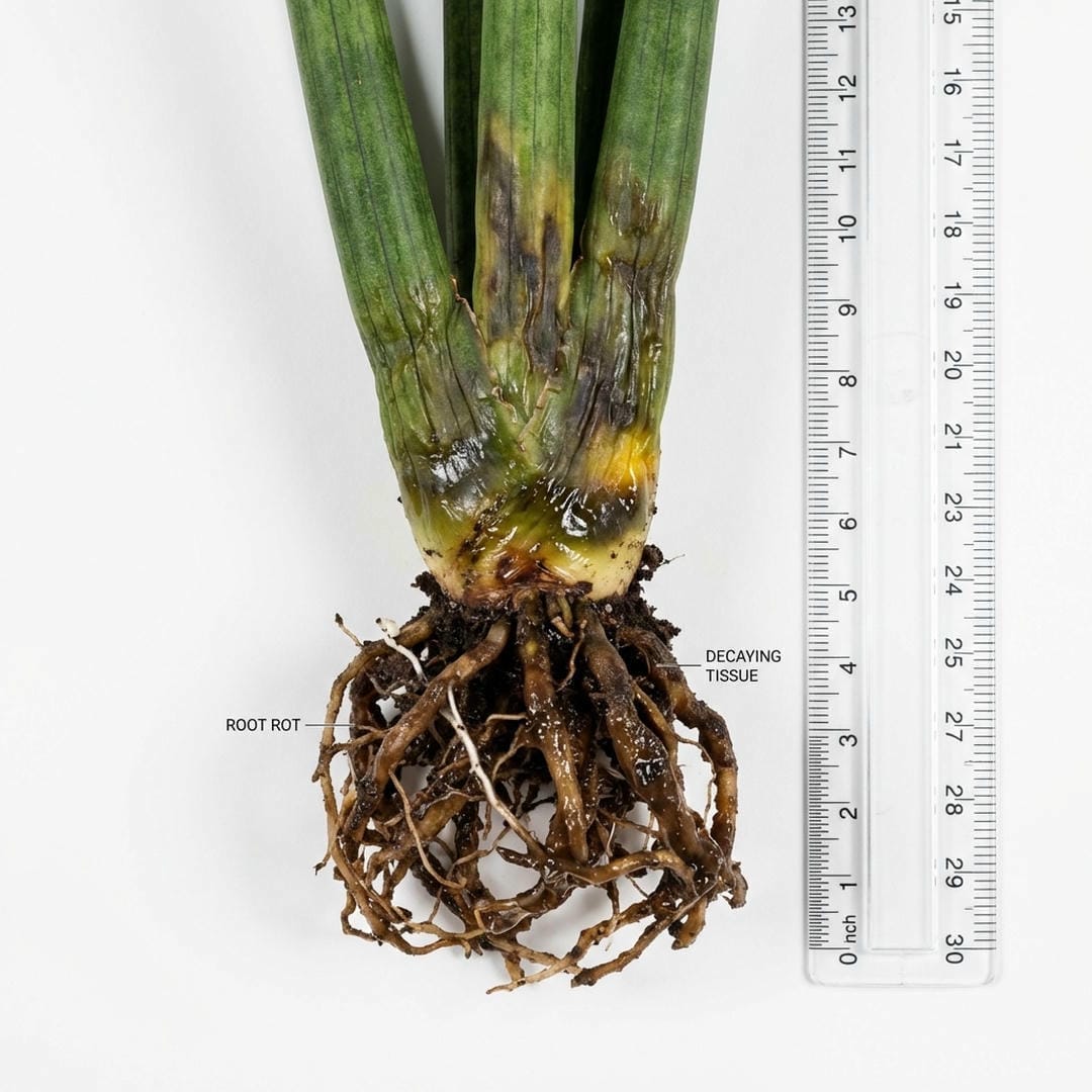 Yellowing base of African Spear indicating root rot