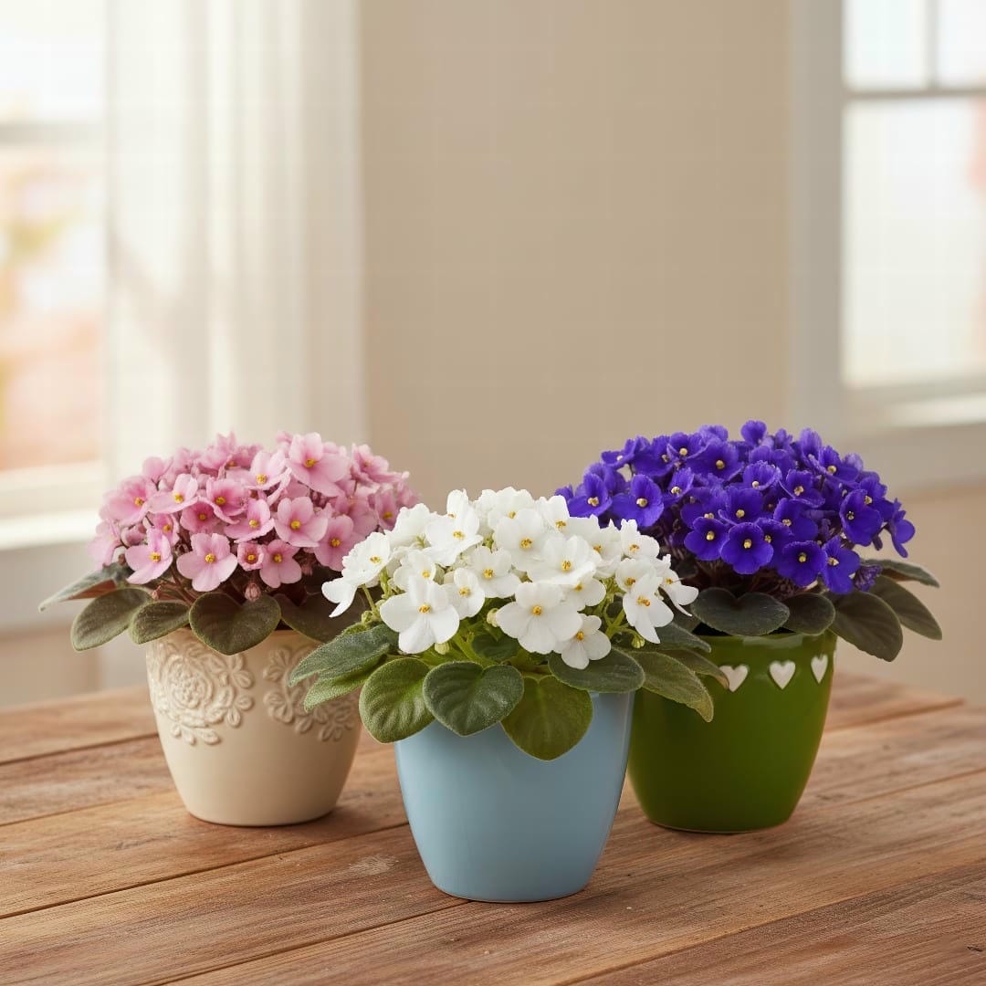 A collection of different colored African Violets grouped together on a table