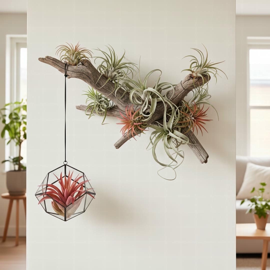 A collection of various air plants displayed creatively in hanging glass terrariums and on a piece of driftwood