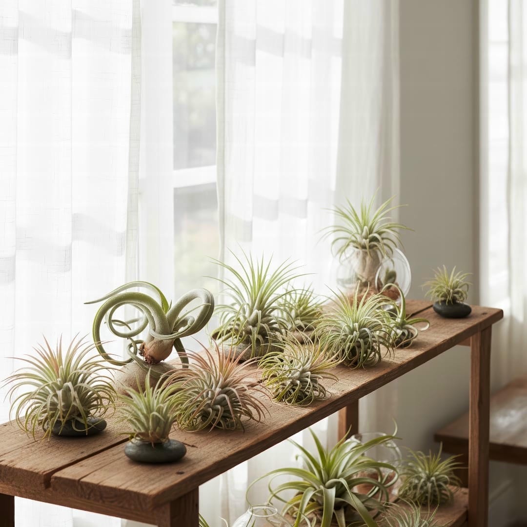 An assortment of air plants in a bright, indirectly lit window