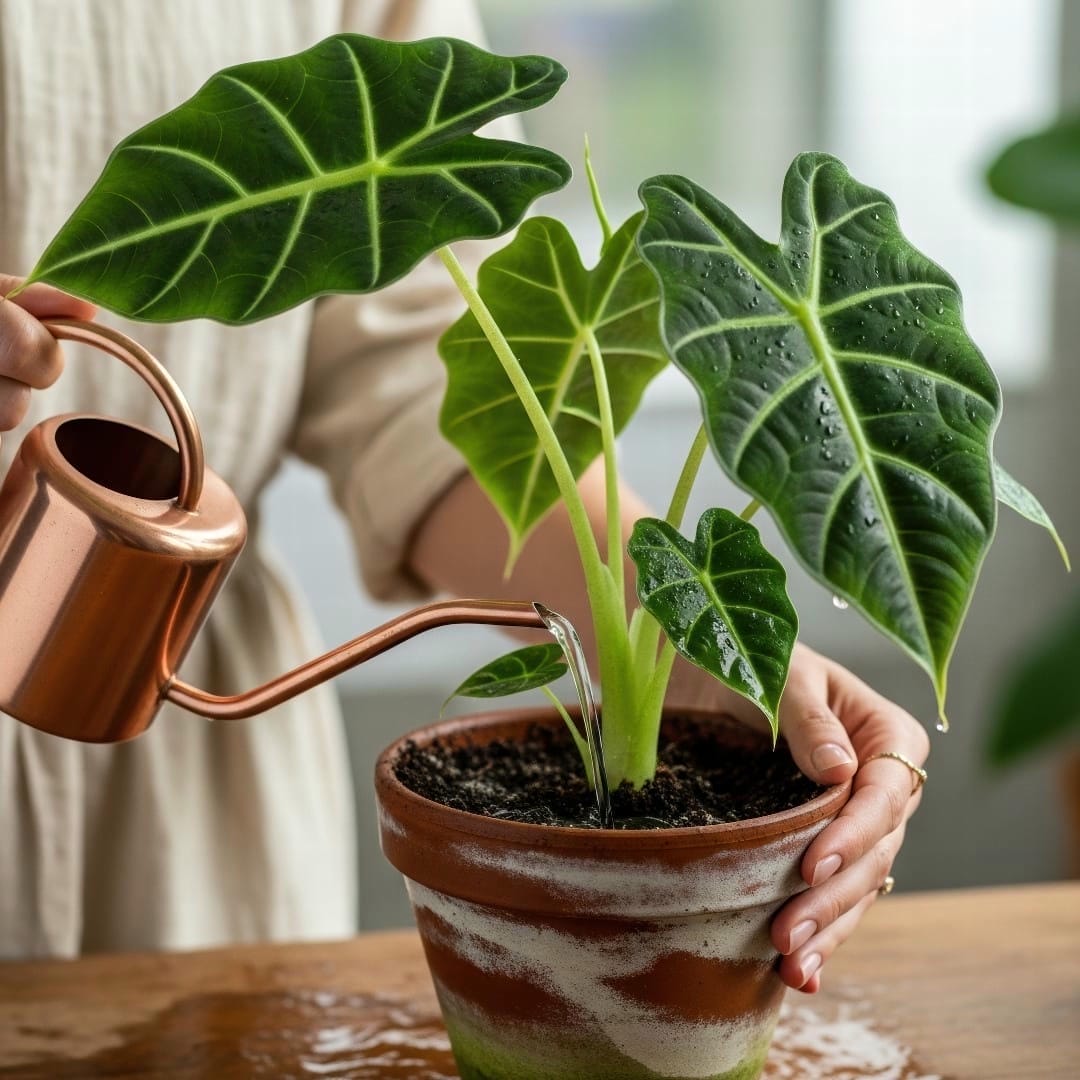 A hand watering an Alocasia Frydek, showing water draining from the bottom of the pot