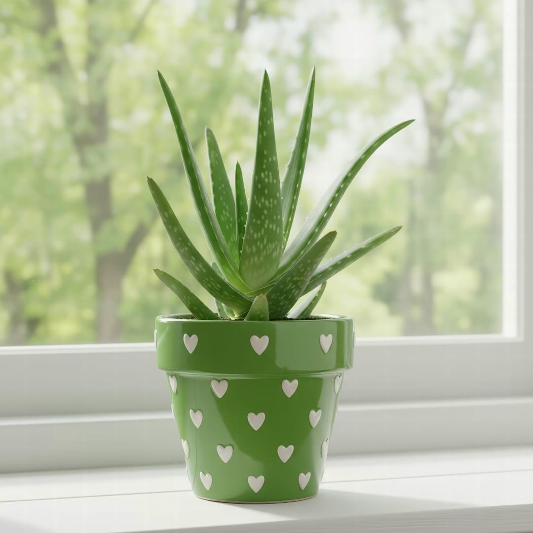 A healthy Aloe Vera plant in a terracotta pot sitting on a sunny windowsill