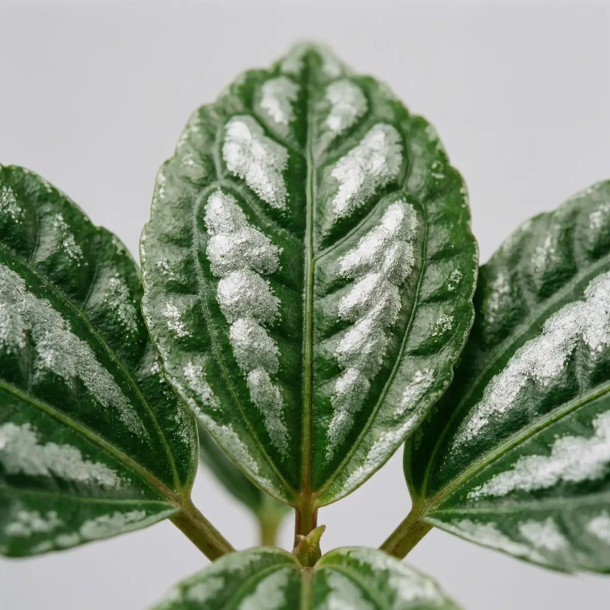 Macro close-up of Aluminum Plant leaf showing the four raised silvery-aluminum patches between dark green veins and the quilted blistered leaf texture.