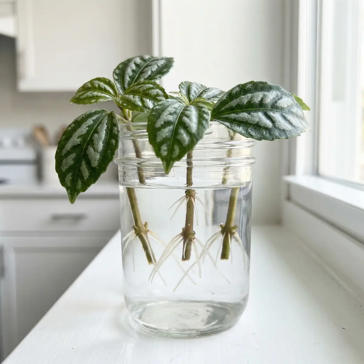 Aluminum Plant stem cuttings rooting in a glass of water