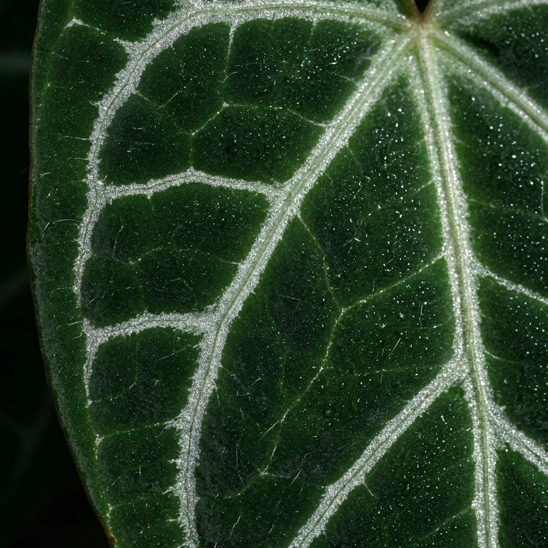 Macro shot showing the sparkling silver veins and velvet texture of the leaf