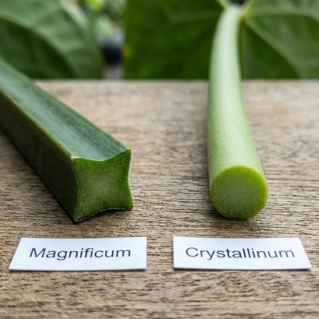 Side by side comparison of Magnificum square petiole vs Crystallinum round petiole