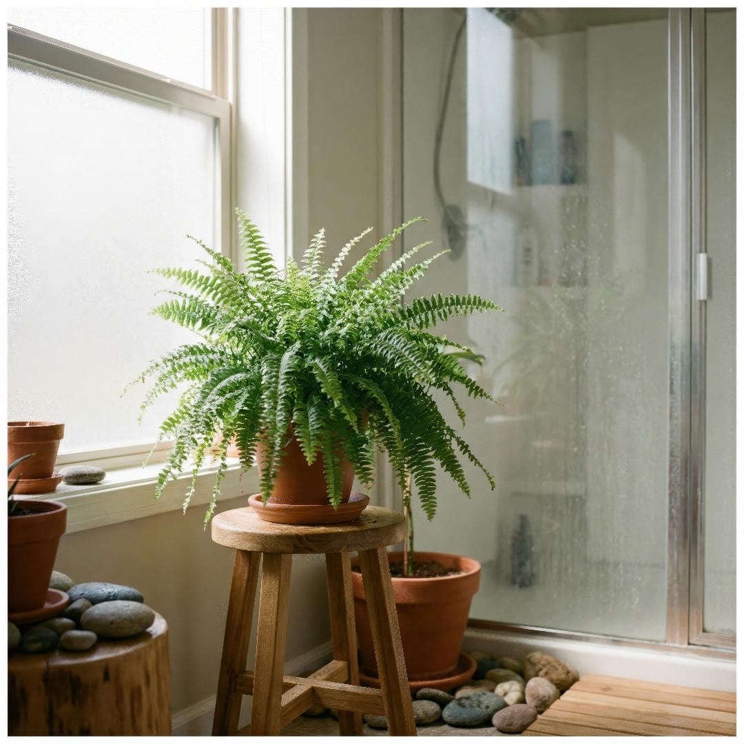 Ariane Boston Fern thriving in a bright bathroom with naturally high humidity.