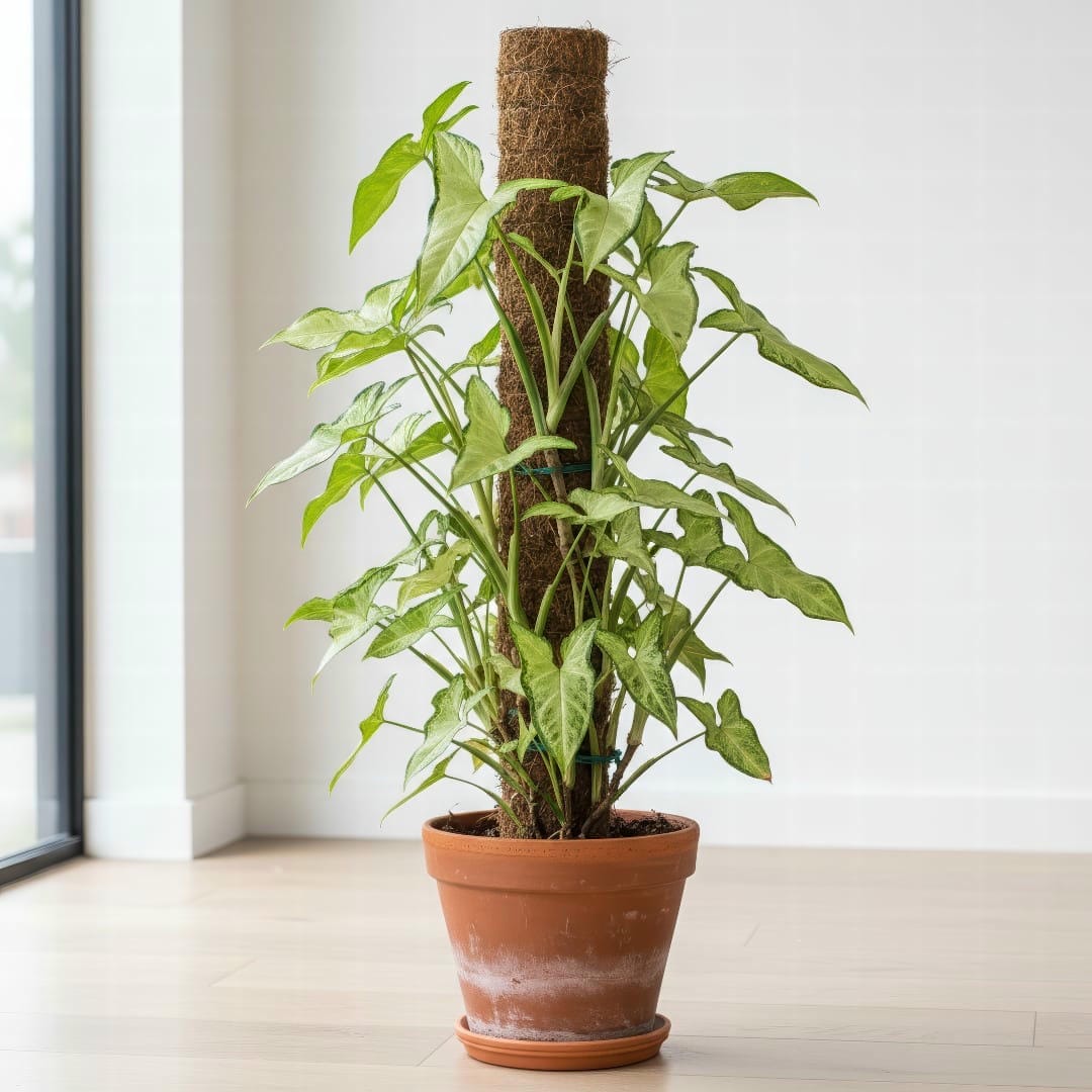 A mature Arrowhead Plant with large leaves climbing up an indoor moss pole.