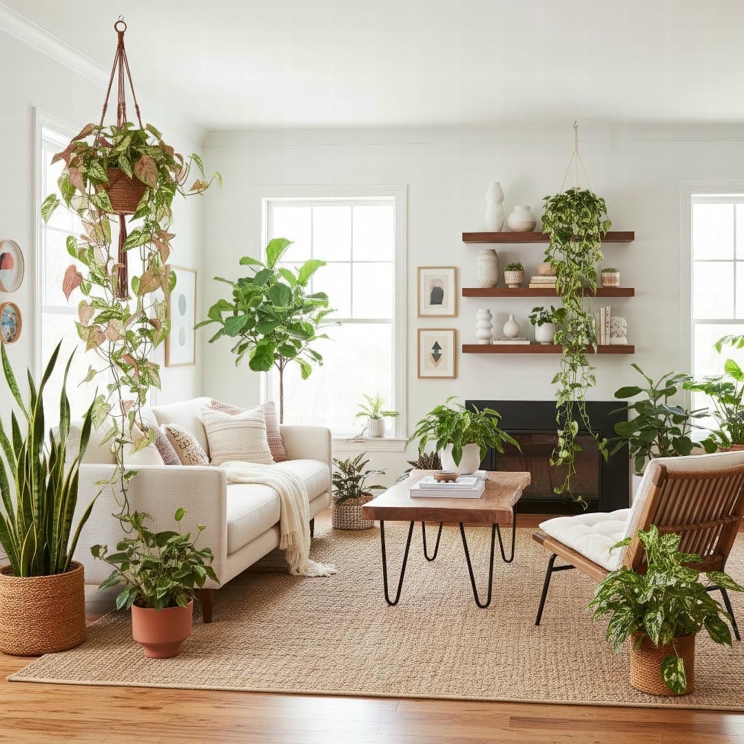A stylish living room with Arrowhead Plants displayed on a shelf and in a hanging planter.