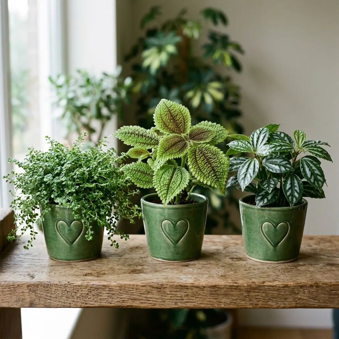 Artillery Fern alongside Moon Valley Pilea and Chinese Money Plant for comparison