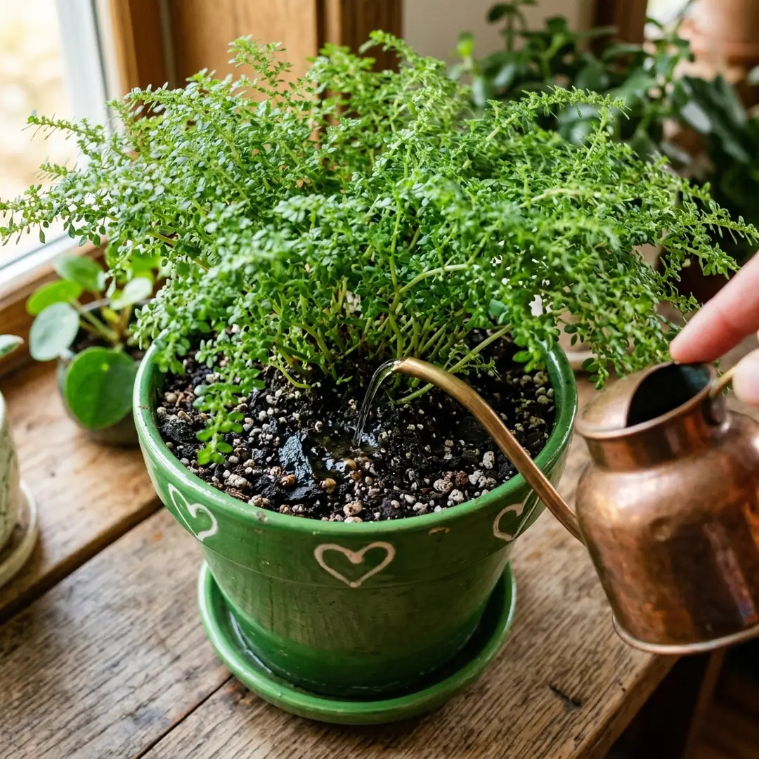 Artillery Fern with healthy moist soil in a well-draining pot
