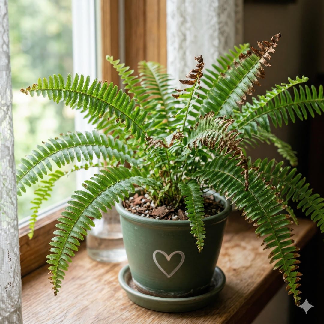 Asian Sword Fern with brown tips and crispy edges from dry air or missed watering.