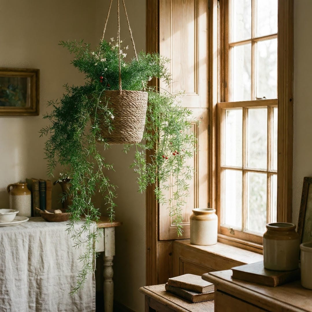 Trailing Asparagus Fern displayed in a hanging basket in bright indirect light.