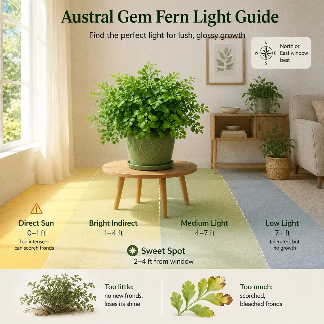 A labeled light guide diagram showing where to place an Austral Gem Fern indoors relative to a north or east facing window, with direct sun, bright indirect, medium and low light zones marked and the fern in its sweet spot