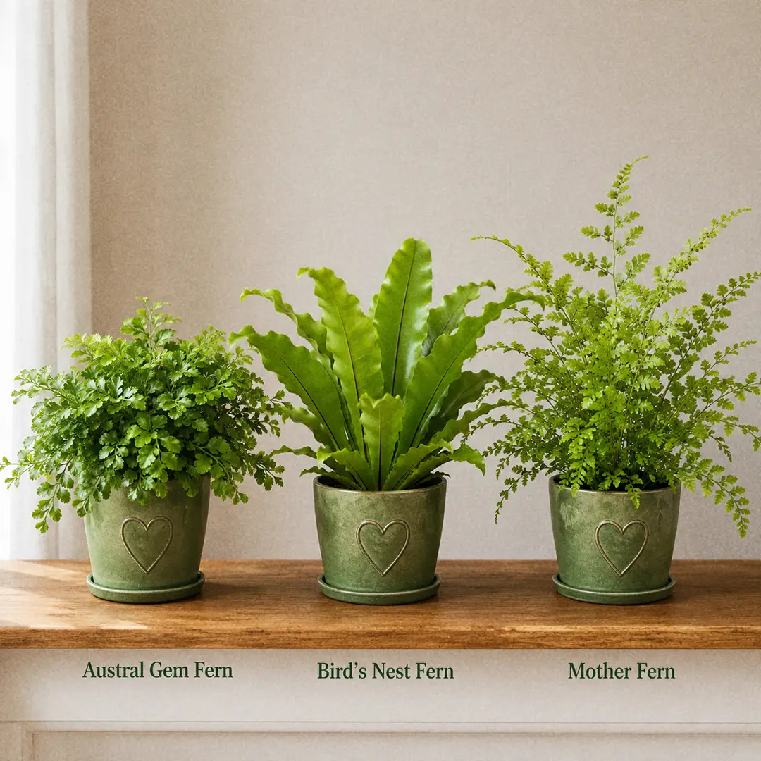 Three ferns side by side on a wooden shelf in matching green ceramic pots with heart motifs, showing an Austral Gem Fern with glossy divided fronds, a Bird's Nest Fern with wide strap fronds, and a Mother Fern with lacy fronds