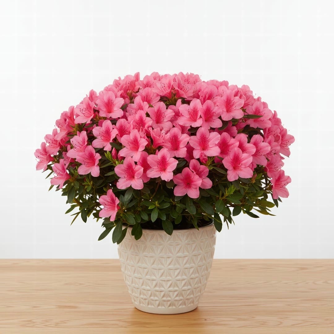 A beautiful potted Azalea with pink blooms.