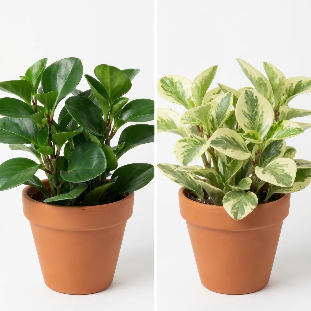 Comparison of green and variegated Baby Rubber Plant forms showing thick oval glossy leaves.