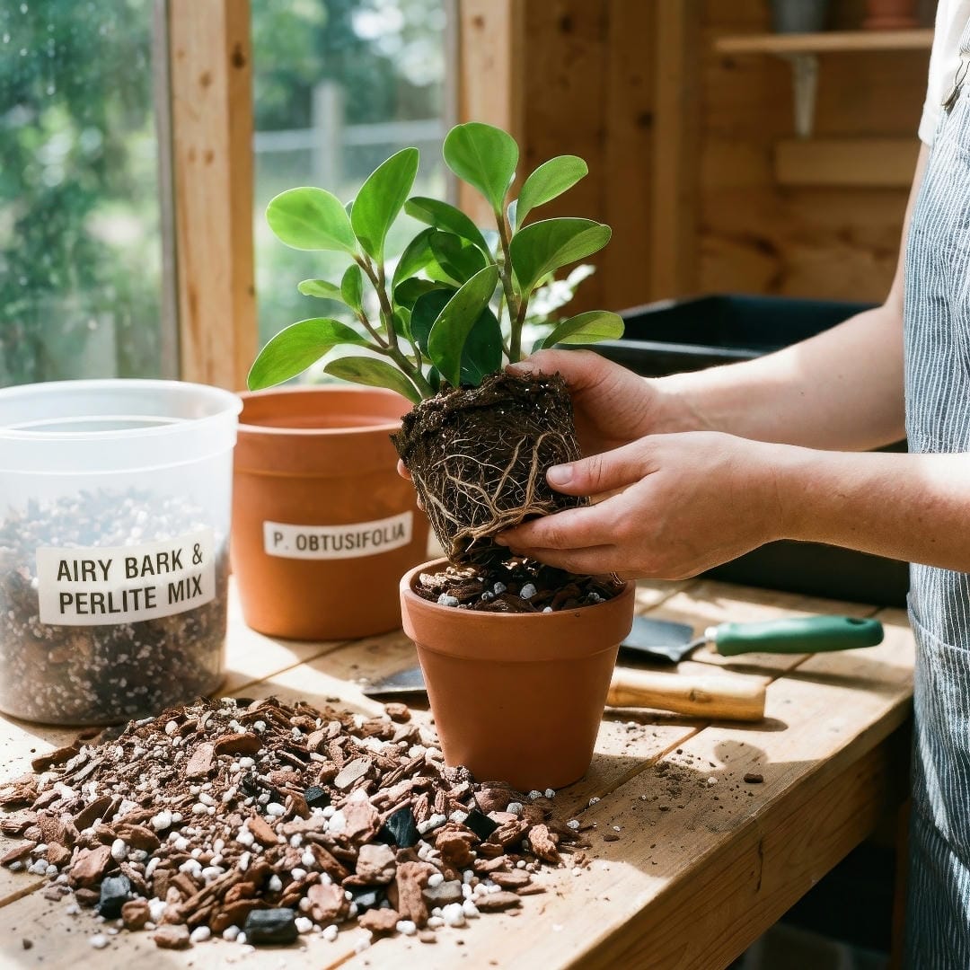 A Baby Rubber Plant being repotted into a slightly larger pot with airy bark and perlite potting mix.