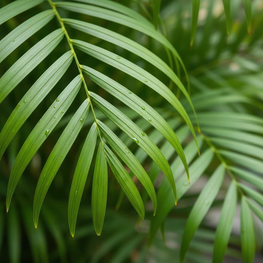 A close-up shot of the vibrant green fronds of a Bamboo Palm, showing its delicate texture.