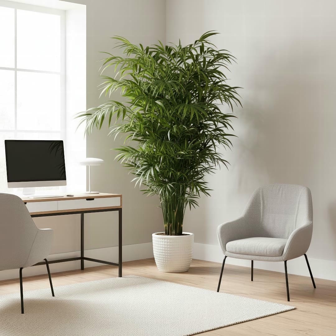 An elegant Bamboo Palm in a modern white pot, adding a touch of green to a minimalist home office.