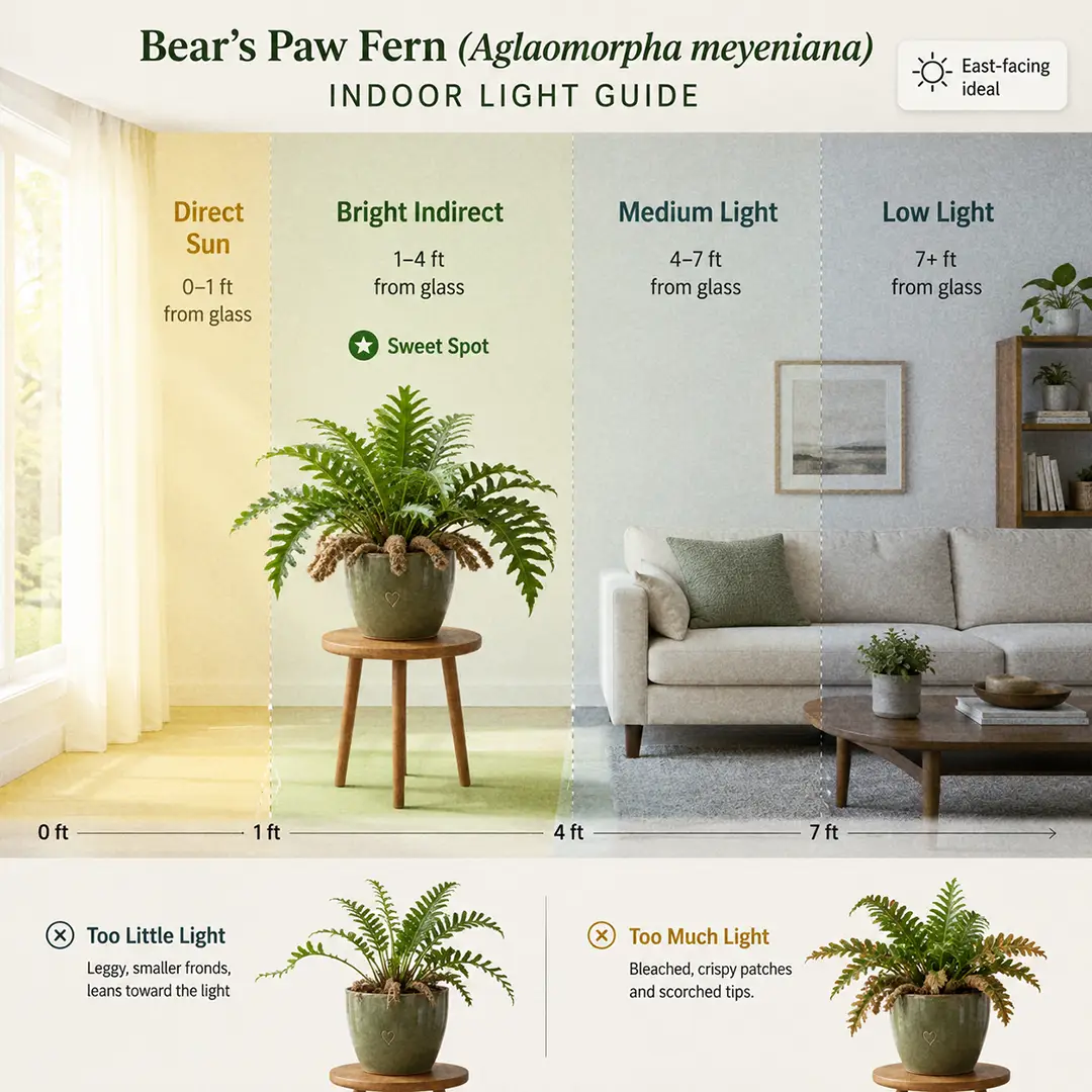 A clean infographic-style light diagram showing where to place a Bear's Paw Fern indoors, with labeled light zones from an east-facing window and the plant marked in its bright indirect sweet spot in a green ceramic pot with a heart motif