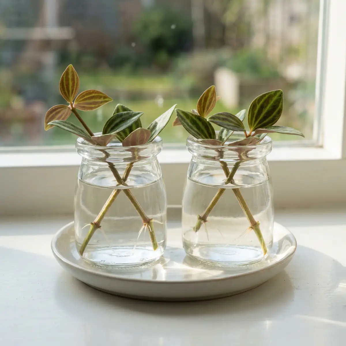 Beetle Peperomia stem cuttings rooting in a small glass of water and in a pot of moist soil