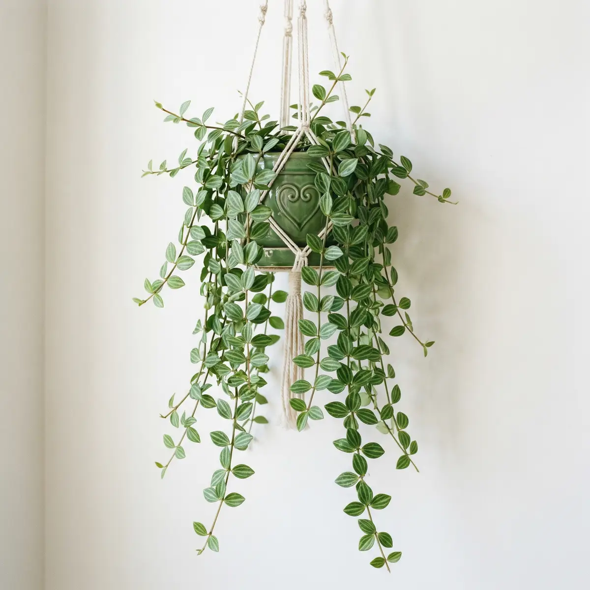 Beetle Peperomia trailing from a hanging basket showing long striped stems against a light wall