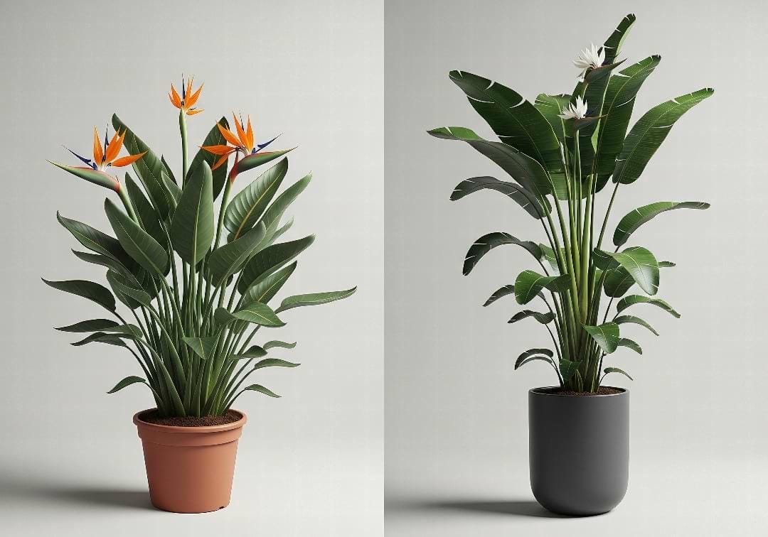 A side-by-side comparison showing the smaller Strelitzia reginae next to the giant, banana-leaved Strelitzia nicolai.