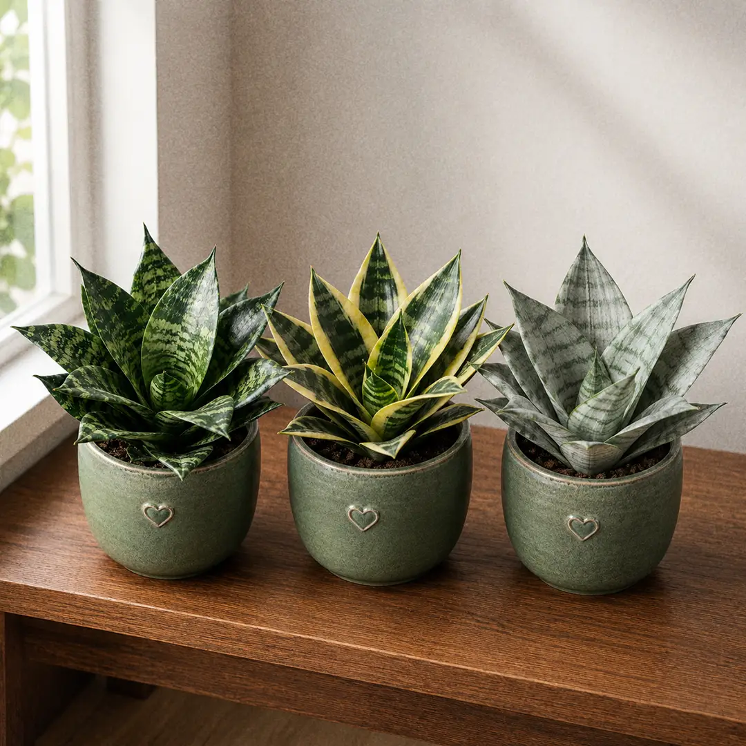 Three Bird's Nest Snake Plant cultivars side by side in matching green ceramic pots with heart motifs: the classic green-banded Hahnii on the left, the yellow-edged Golden Hahnii in the center, and the silvery Silver Hahnii on the right, all in tight rosette form on a wooden shelf in soft window light
