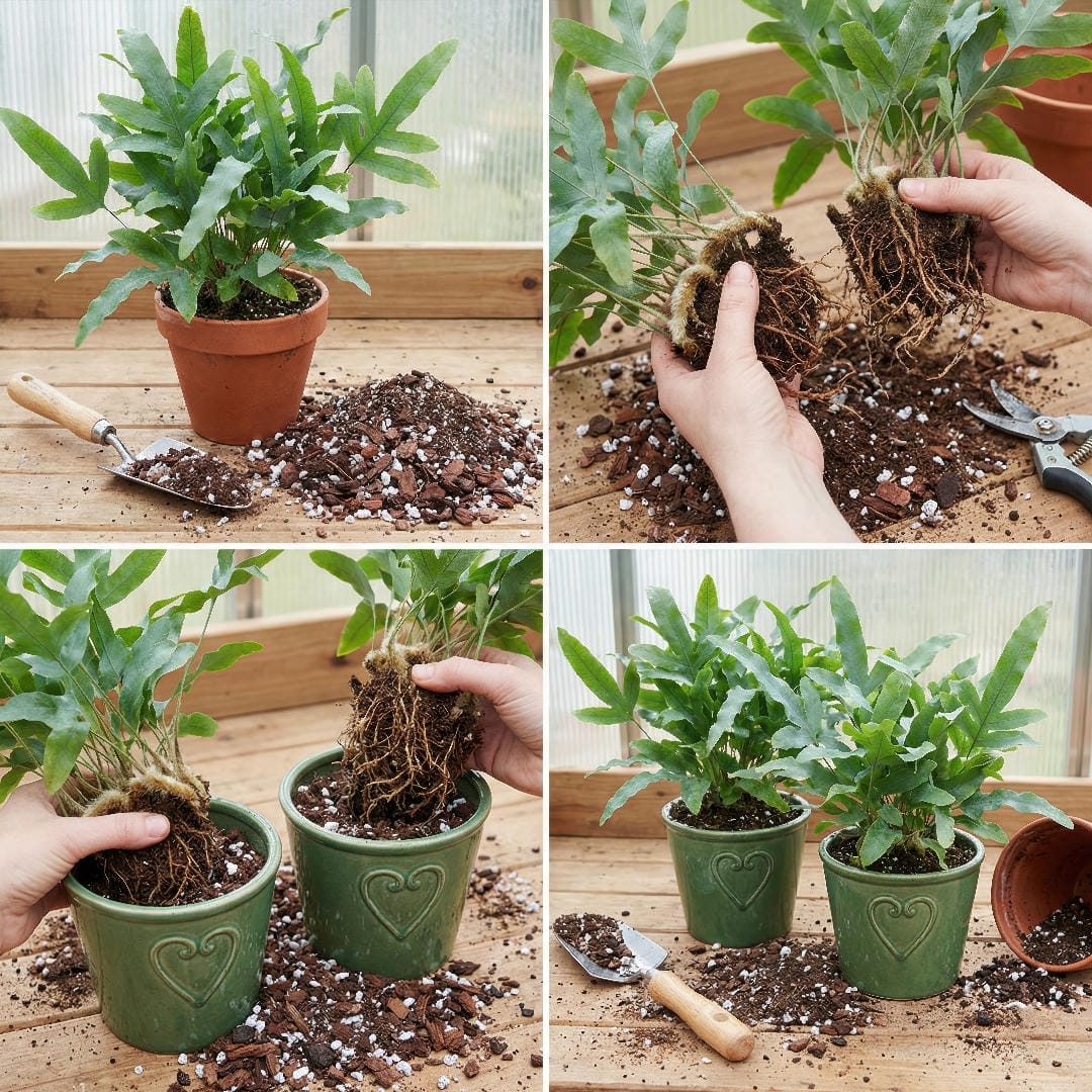 Blue Star Fern rhizome division process showing a mature plant split into sections with exposed roots and fuzzy rhizomes ready for potting.