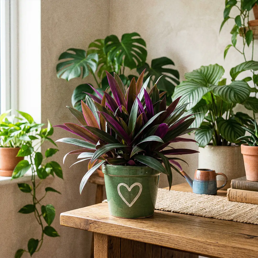 A dense Boat Lily displayed on a bright shelf in a green pot with a heart motif, paired with warm wood and other tropical foliage plants.