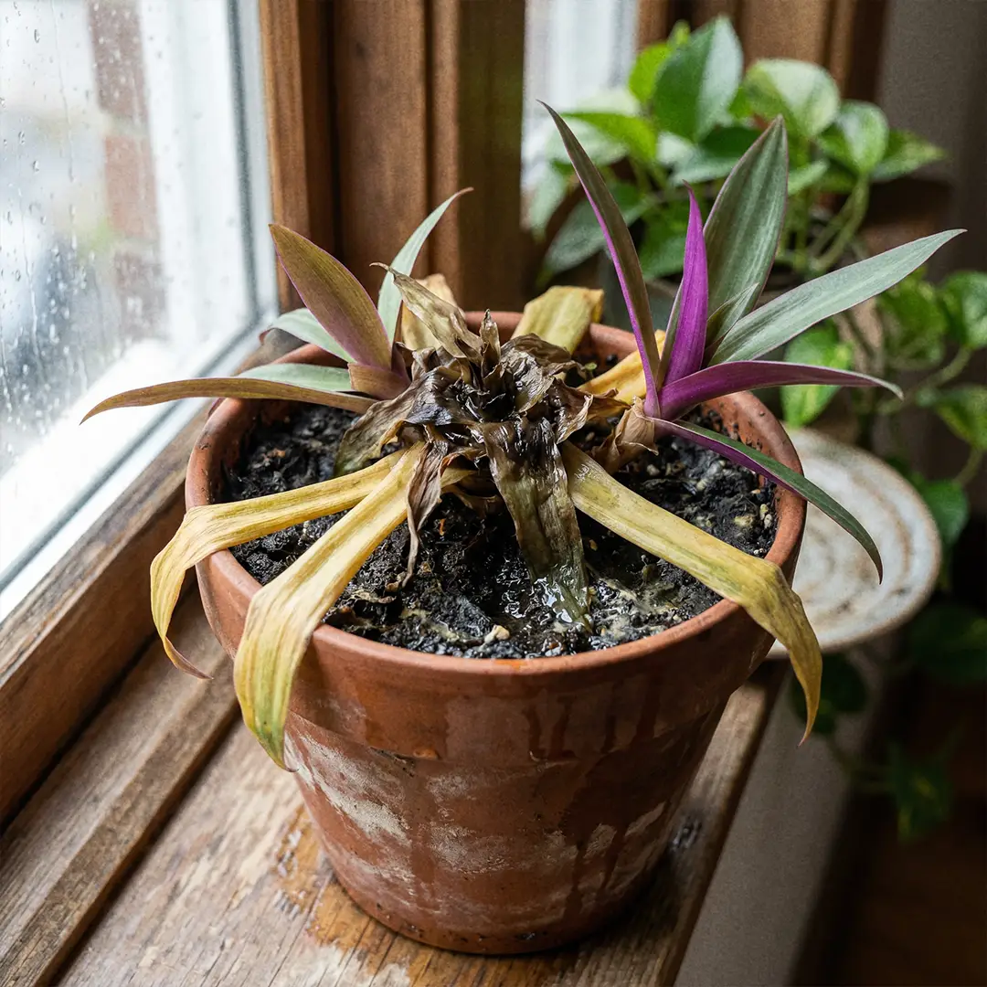 An overwatered Boat Lily showing yellowing lower leaves, soft leaf bases, and a collapsing center in soggy potting mix.