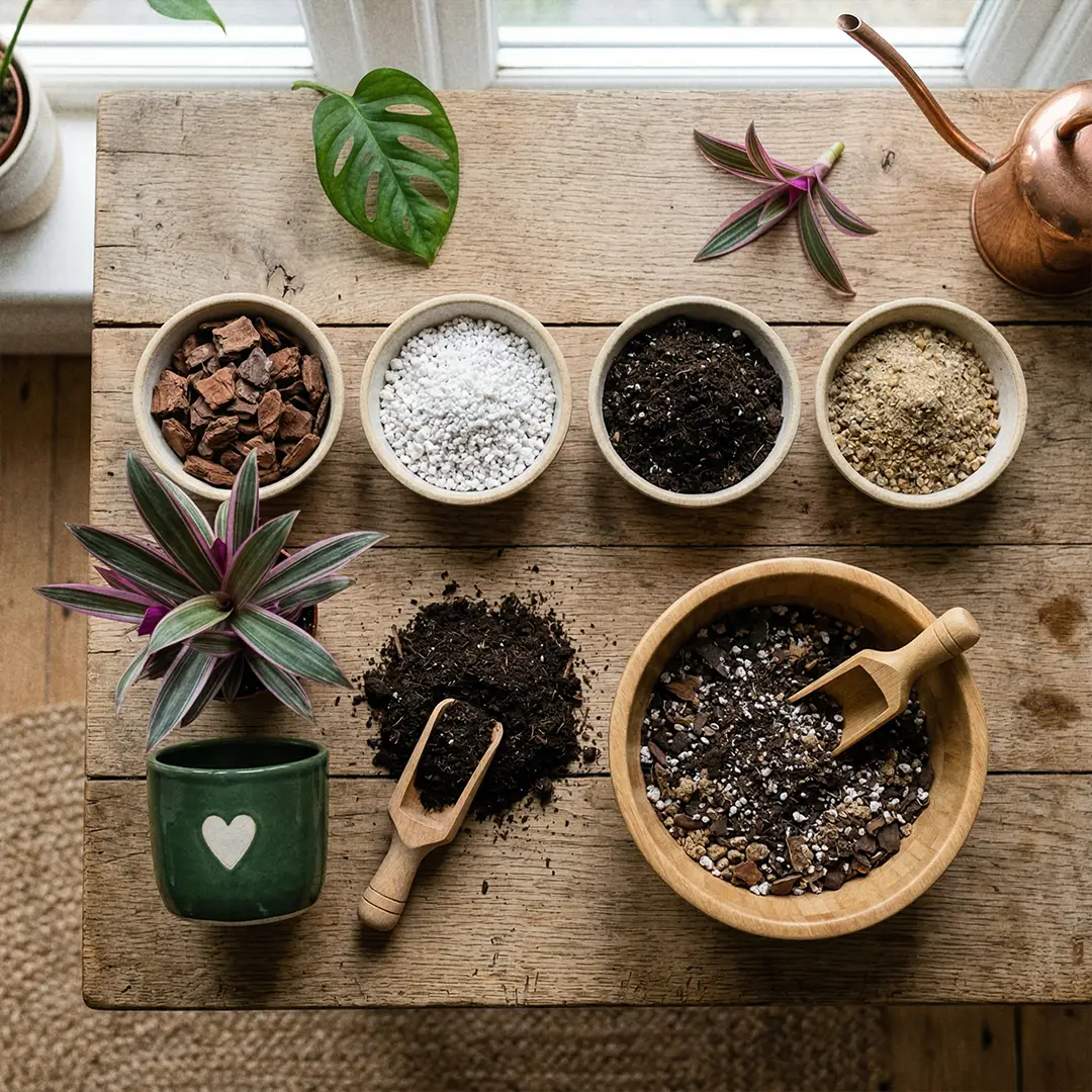 Ingredients for an ideal Boat Lily potting mix including indoor soil, perlite, bark, and coarse sand arranged beside a green pot with a heart motif.