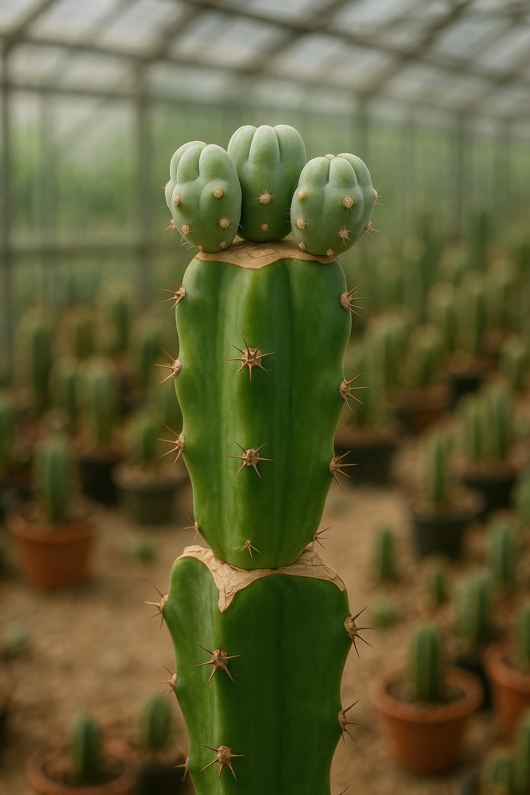 Several small Boob Cactus scions grafted onto a single, robust Hylocereus rootstock to promote faster growth.