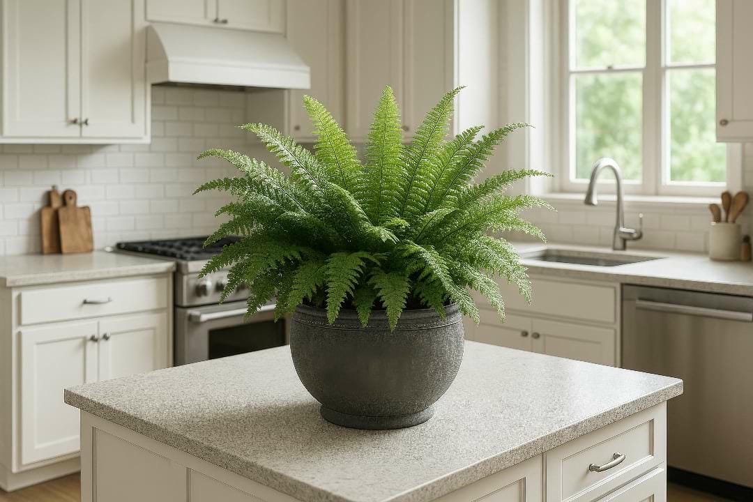 Boston Fern thriving in bright, indirect light on a kitchen island, demonstrating ideal lighting conditions.