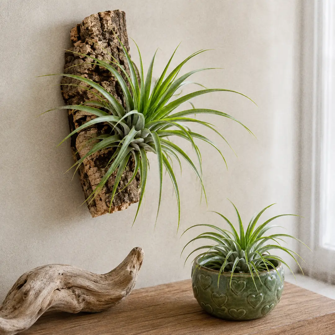 A Brachycaulos Air Plant mounted on a piece of cork bark hanging on a neutral wall, its green rosette arching outward, with a second plant resting in a green ceramic pot with a heart motif on the wooden shelf below