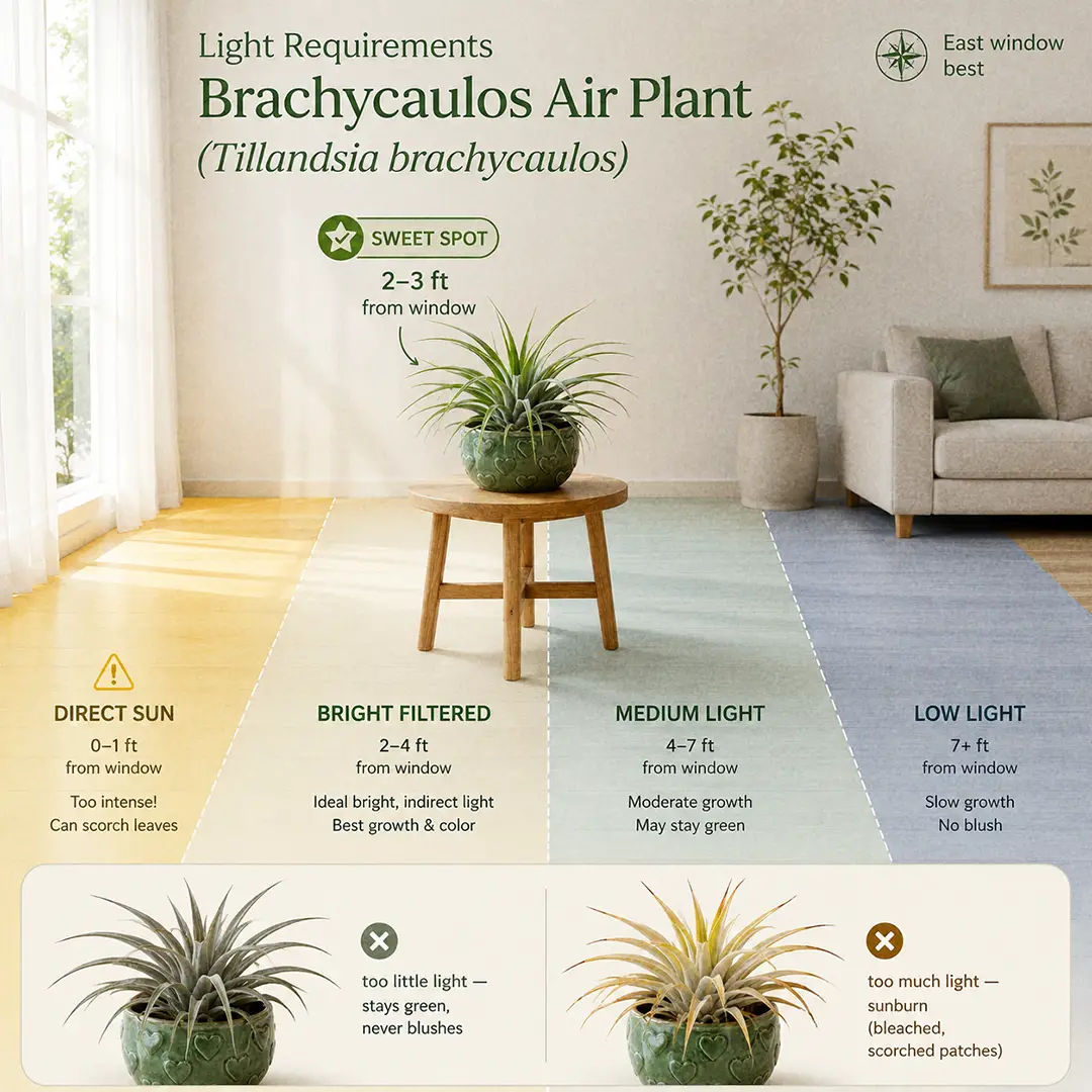 A labeled light guide diagram showing where to place a Brachycaulos Air Plant indoors relative to an east-facing window, with direct sun, bright indirect, medium and low light zones marked and the sweet spot flagged at two to four feet from the glass
