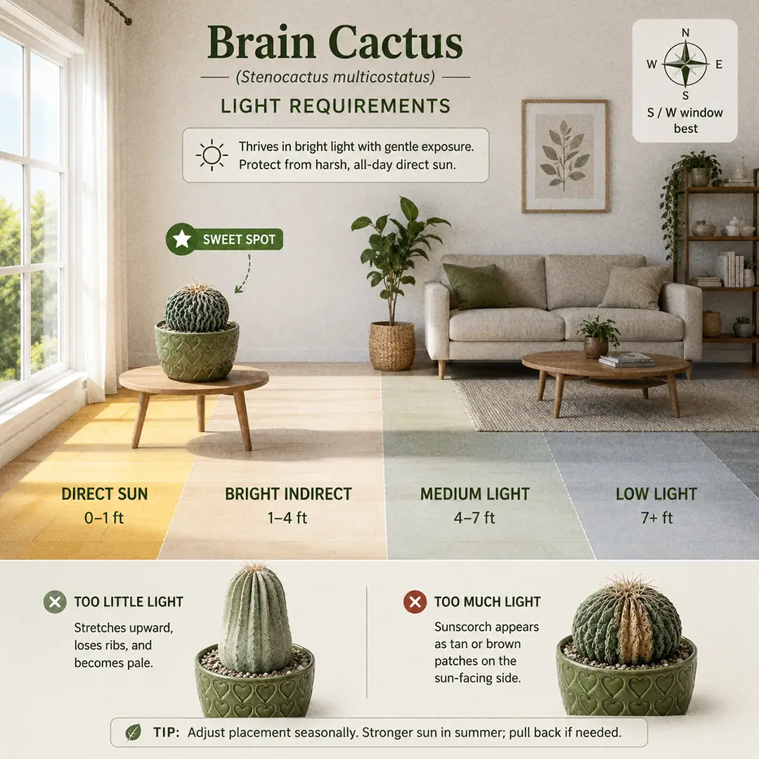A labeled square light-zone diagram showing a Brain Cactus placed in its sweet spot about a foot from a south-facing window, with sweet-spot, too-dark, and too-bright zones color-washed, plus small icons warning about stretching in low light and scorching in unfiltered midday sun