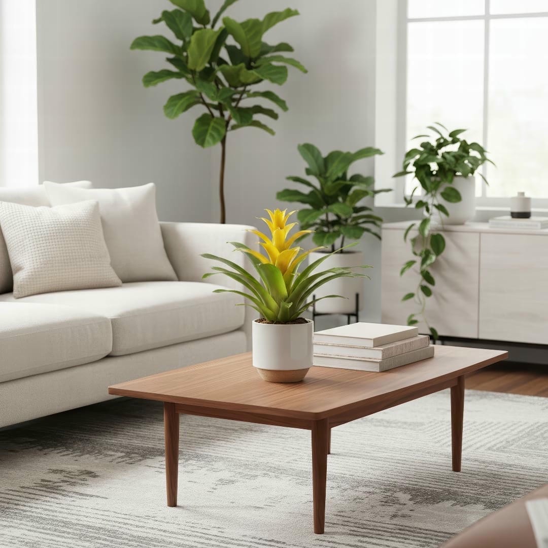 A stylishly displayed bromeliad in a modern living room.
