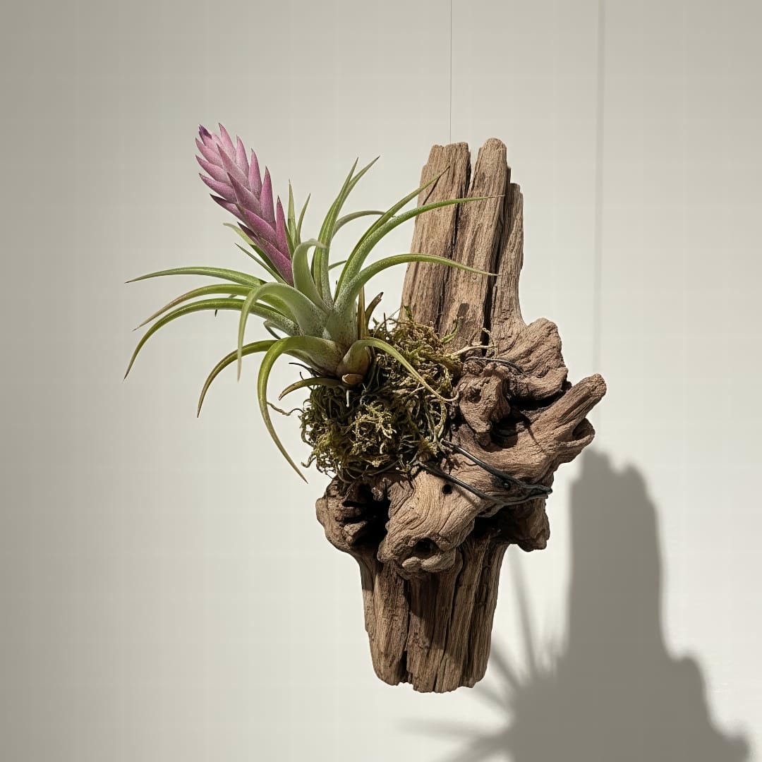 A bromeliad mounted on a piece of driftwood.