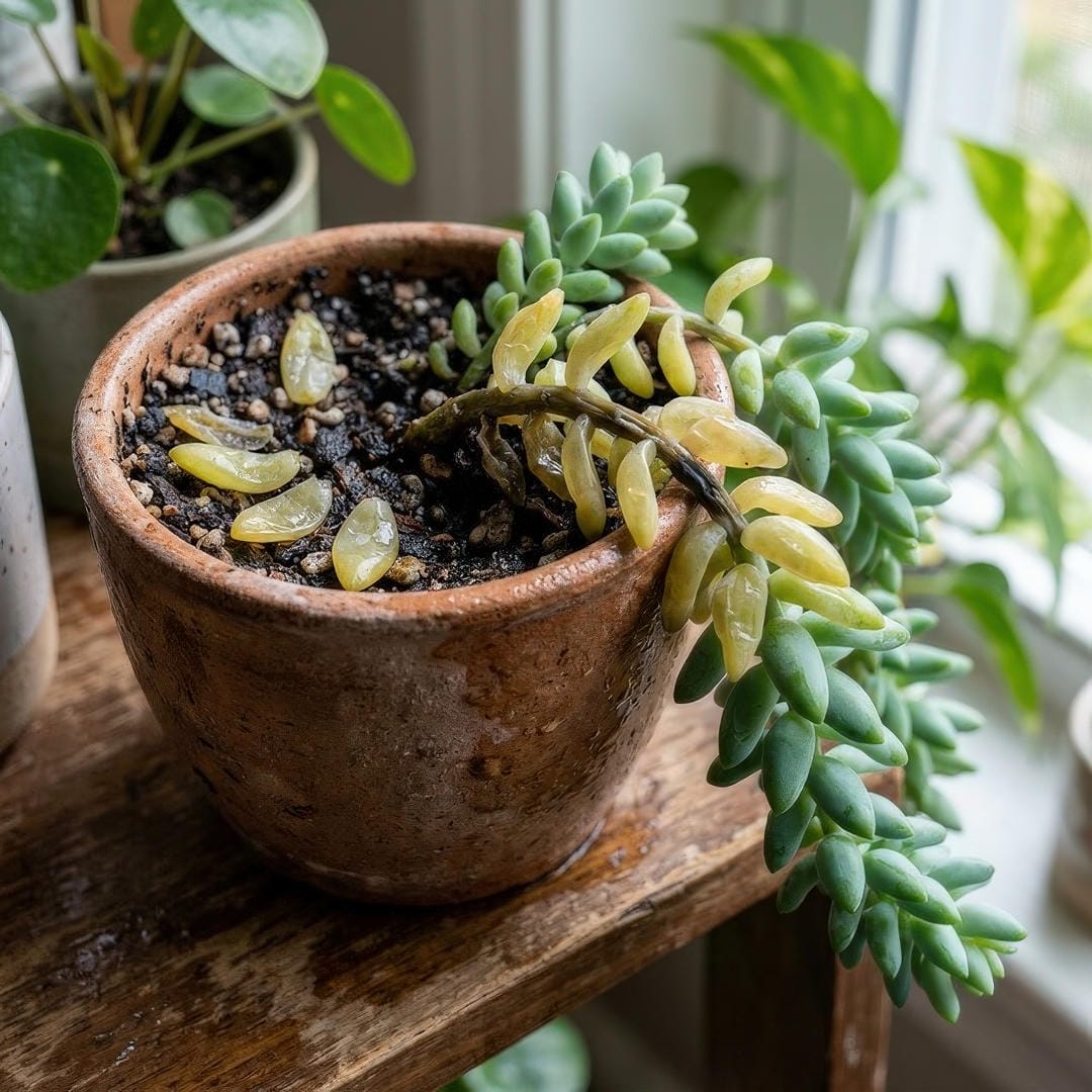 An overwatered Burro's Tail showing translucent, mushy, yellowing leaves and soft stems near the base.