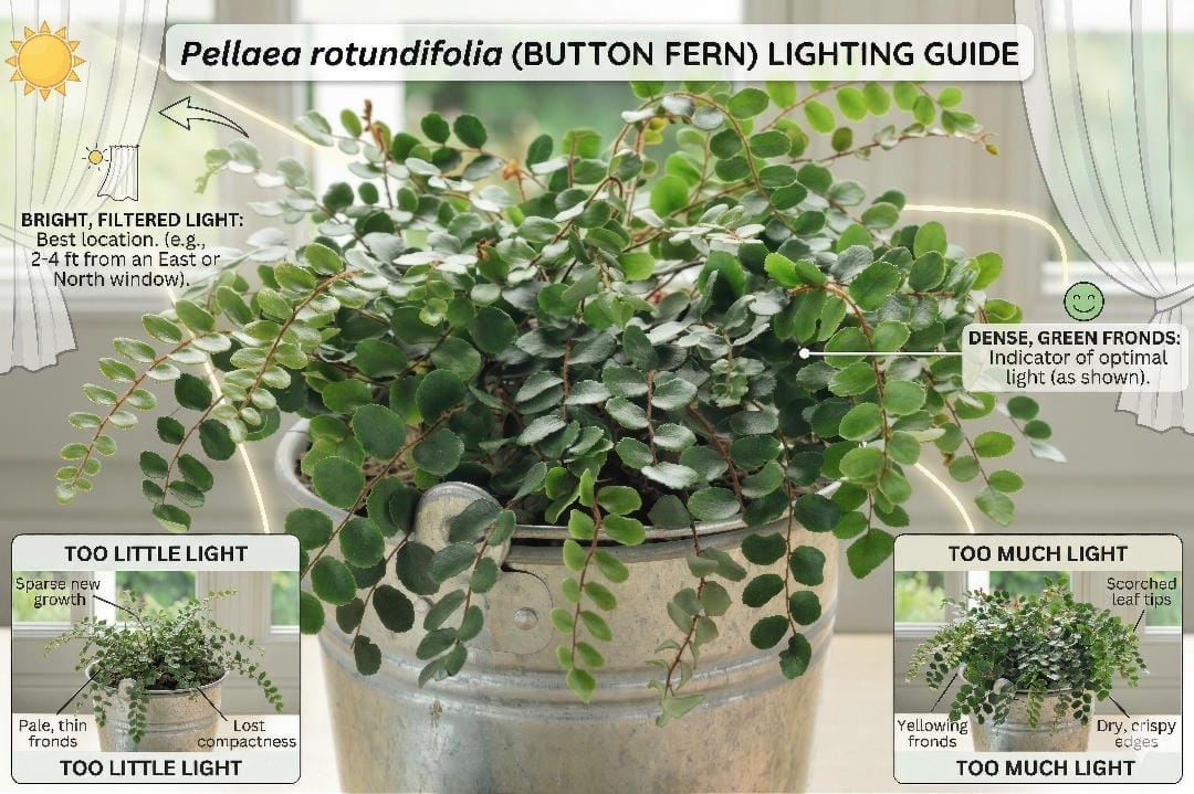 Ideal light conditions for Button Fern shown as bright indirect light beside an east-facing window with filtered morning sun.