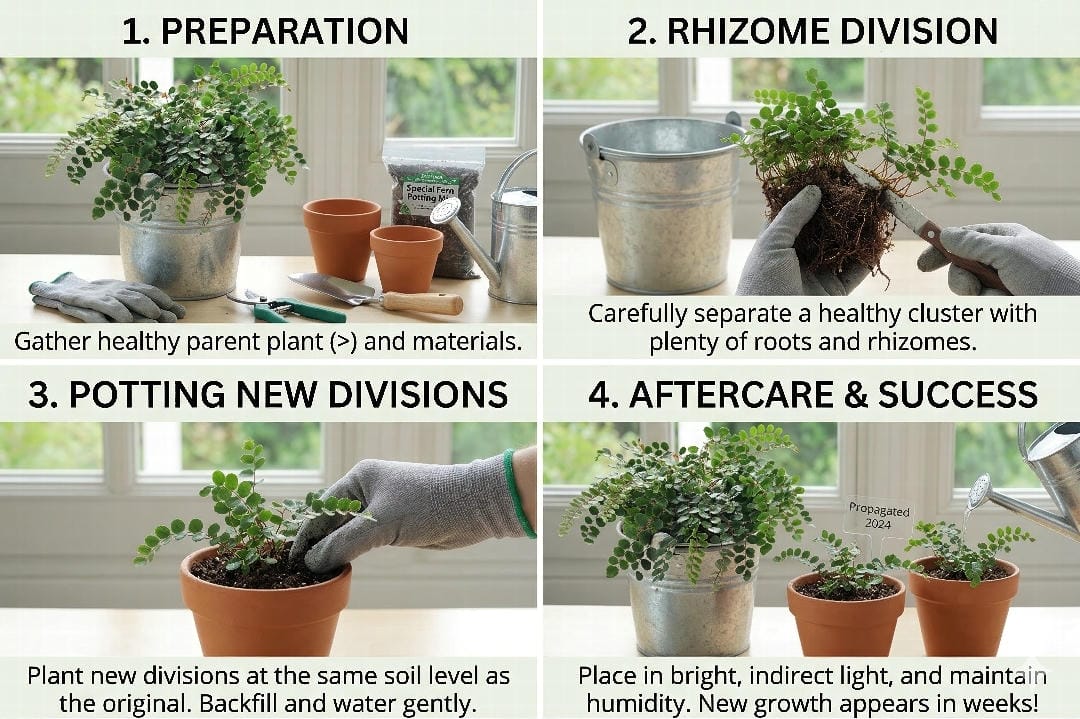 Button Fern division propagation with a mature clump separated into smaller rooted sections beside fresh pots of airy fern soil.