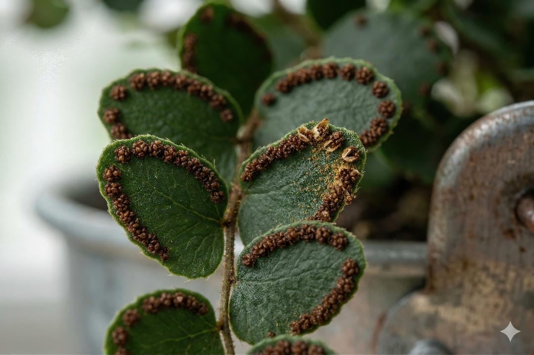 Close-up of mature Button Fern leaflets showing brown sori along the undersides of the rounded fronds.