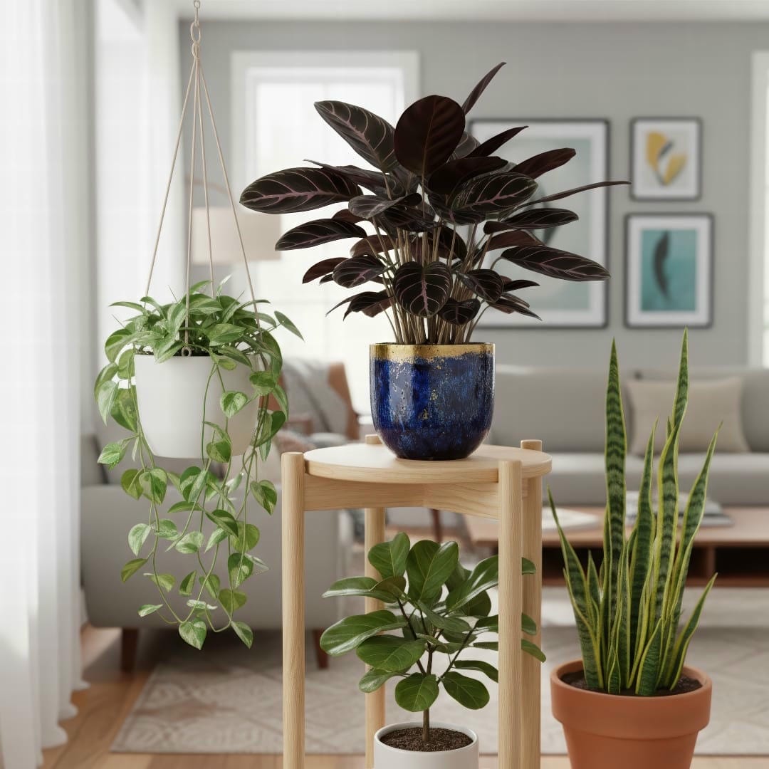 A lifestyle shot of a Calathea 'Dottie' elegantly displayed on a mid-century modern plant stand.