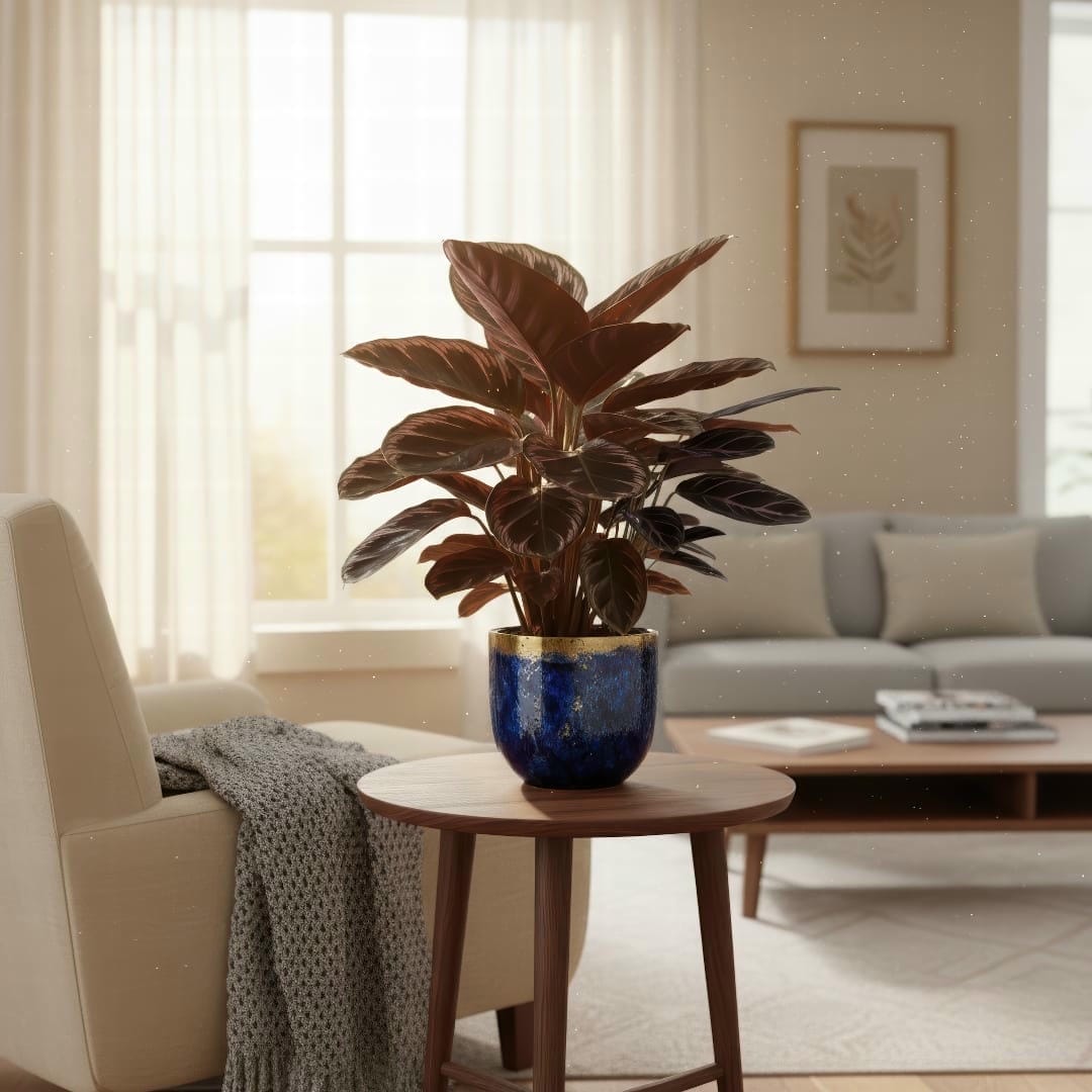A wide shot of a healthy, mature Calathea 'Dottie' thriving in a beautiful home setting.