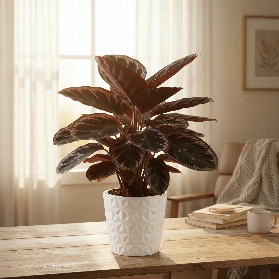 A Calathea 'Dottie' plant sitting on a wooden table near a window with sheer curtains.