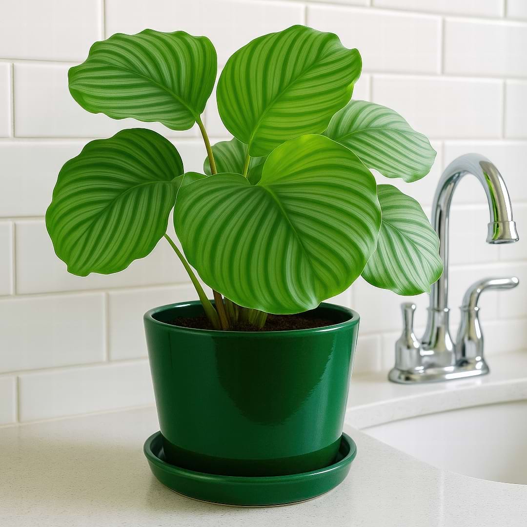 A healthy Calathea orbifolia thriving in the high-humidity environment of a bright bathroom.