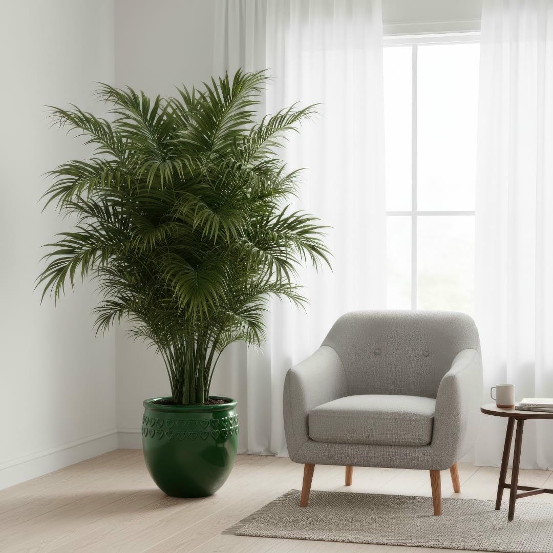 A healthy Cat Palm in a stylish ceramic pot, adding a tropical vibe to a modern room.
